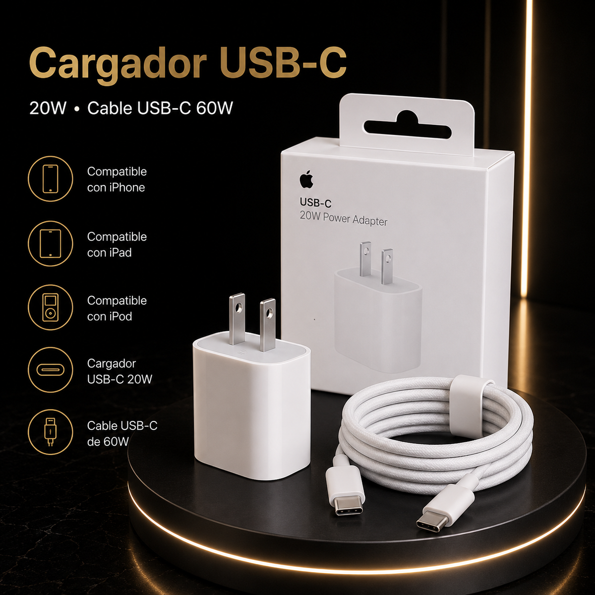 Kit de Carga USB-C 20W + Cable USB-C 60W para AirPods y más